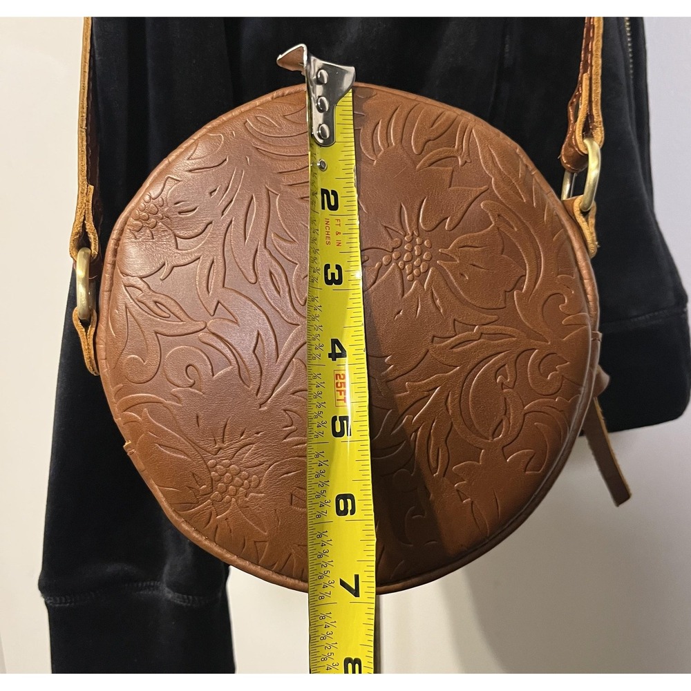 Portland Leather Goods Crossbody Bag Womens Small Brown Floral Tooled Round - Picture 13 of 13